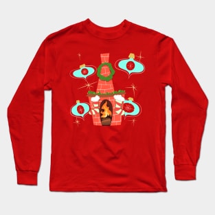 MCM Vintage Fireplace Cartoon with Blue Ornaments Long Sleeve T-Shirt